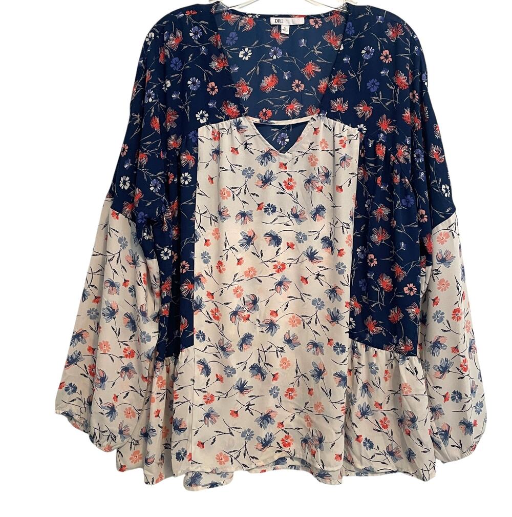 DR2 Mixed Print Blouse Womens XL Blue & Ivory Floral Peasant Boho Cottage Top